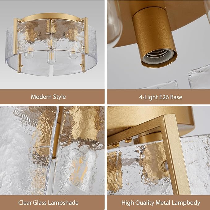 17.3" Modern Gold Semi Flush Mount Ceiling Light Fixture Glass 4-Light Close to Ceiling Lamp for Hallway Entryway Kitchen Island Dining Room Foyer Bedroom Laundry