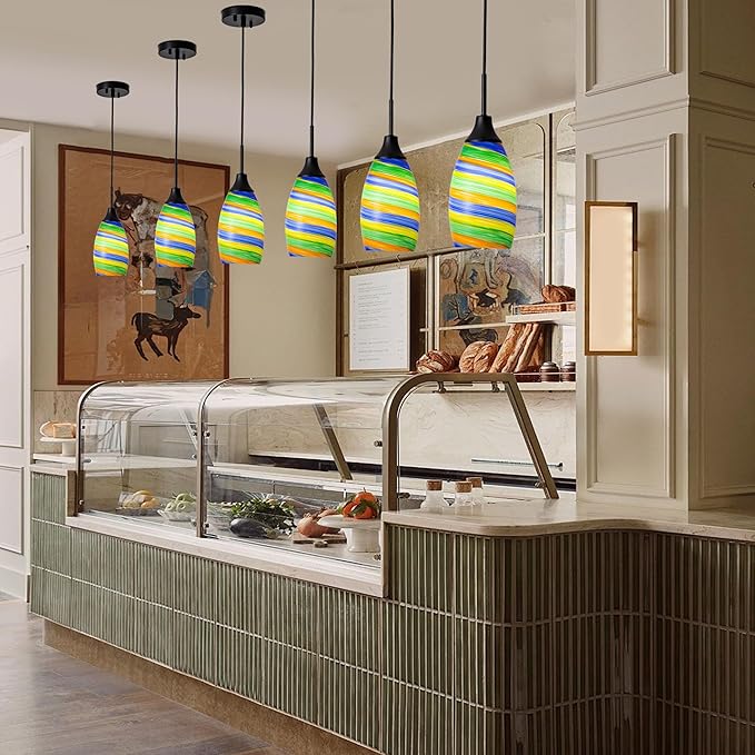Viinew Mini Glass Pendant Light,4.72" Rainbow Hanging Lights 1-Pack Handblown Oval Rainbow Art Glass Hanging Pendant Light for Kitchen Island,Dining Room,Living,Foyer,Hallway, Entry