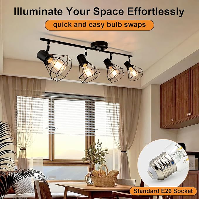 LTBLIGHT 4-Light Track Lighting Fixtures Ceiling, Adjustable Track Lighting Kit, Black Farmhouse Ceiling Light with E26 Base, Directional Spotlights for Kitchen Hallway Bedroom Living Room
