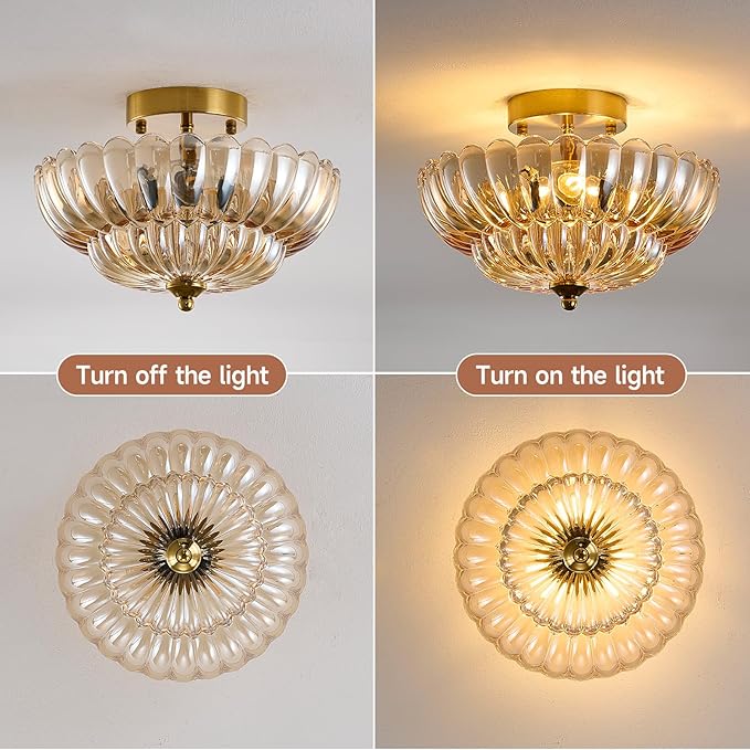 Semi Flush Mount Ceiling Light Fixture, 12" Vintage Gold Ceiling Light with Amber Glass Shade, 3-Light Close to Ceiling Light for Hallway Entryway Bedroom Kitchen, Mid Century Modern