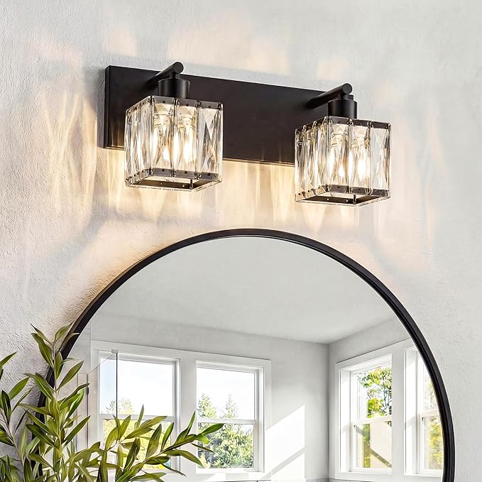 VOLISUN Black Bathroom Light Fixtures, Modern Bathroom Lighting Fixtures Over Mirror, 2 Light Bathrooms Vanity Light, Crystal Vanity Light for Bathrooms-UL Certificated(Exclude Bulb)