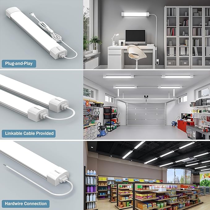 Airand Ceiling Lights LED Plug in 2ft Flushmount LED Tube Light 5000K Linkable Garage Light Fixture 18W Wraparound Ceiling Lamp Utility Shop Light Corded Under Cabinet Light with ON/Off Switch