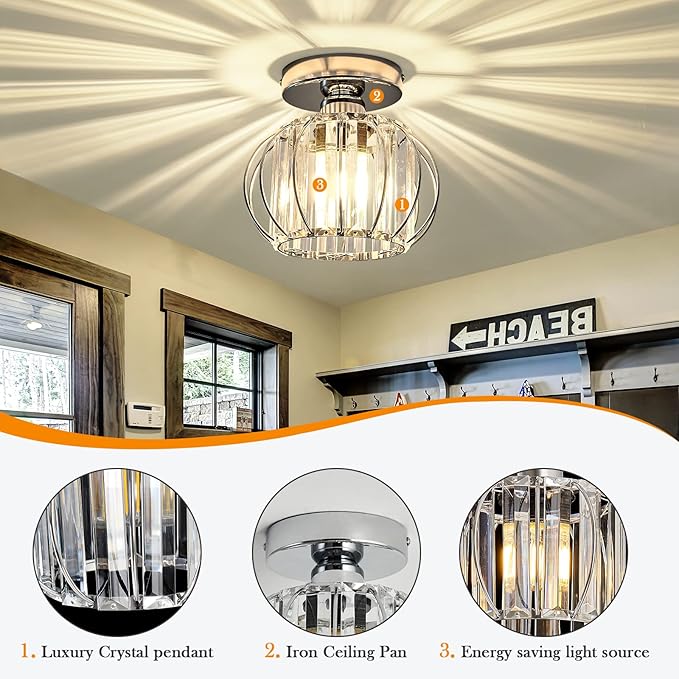YYJLX Modern Semi Flush Mount Ceiling Light Fixture E26 Mini Crystal Chandelier Chrome Small Ceiling Lamp for Entryway Bedroom Bathroom Hallway Closet Foyer （Silver