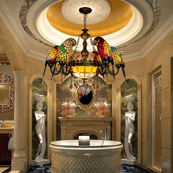 Tiffany-Style Victorian 6-Light Parrot Chandelier, European Red Dragonfly Stained Glass Multi-Head Pendant Lamp Fixture Ceiling Hang Light for Living Room Villa Dining Room,Parrot
