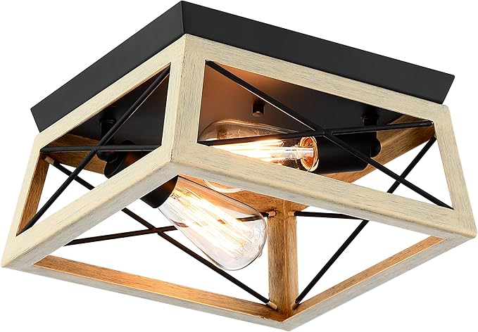 Pia Ricco 2-Light Flush Mount Ceiling Light, Rustic Industrial Farmhouse Square Fixture for Porch, Patio, Kitchen, Hallway, Entryway，Cream White