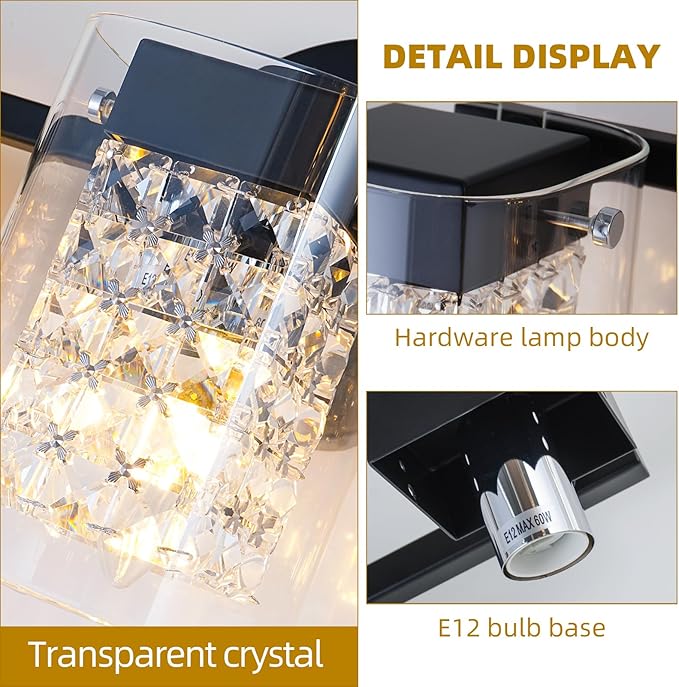 Modern Crystal Vanity Lights, 3-Light Black Bathroom Light Fixtures with Clear Shades, Bathroom Lighting Fixtures Over Mirror Wall Light for Hallway, Decoration,Bedroom（Exclude Bulb）
