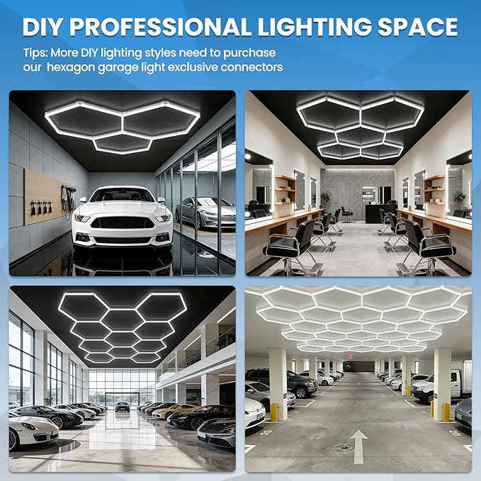 Hexagon Garage Light 370W 44460LM 6500K Ultra Bright LED Shop Lights with 14 Pack for Car Detailing, Warehouse, Workshop, Basement, Gym Lighting