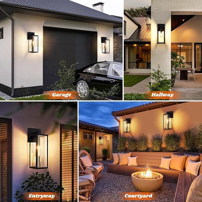Brightever 2-Pack Outdoor Wall Light, Exterior Waterproof Wall Sconce Light Fixtures, 15" Black Outdoor Wall Lamp with Clear Glass for House, Porch, Front Door, Garage, Patio, Bulbs Not Included