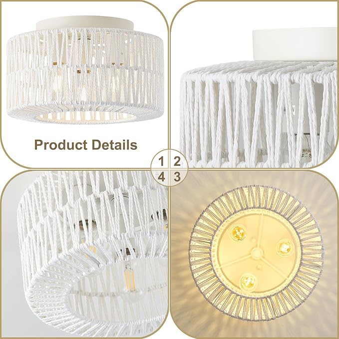 12.6”Rattan Flush Mount Ceiling Light Fixtures, 3-Light Boho Light Fixture Rattan Hand-Woven Chandelier Close to Ceiling Light Fixture for Bedroom Hallway Kitchen Dining Room Nursery(White)