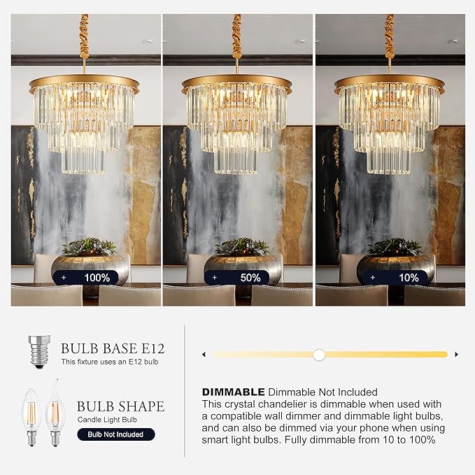 8-Light Gold Crystal Pendant Light, 3-Tier 17.76" Luxury Crystal Pendant Light Perfect for Dining Room, Bedroom, Kitchen, Living Room