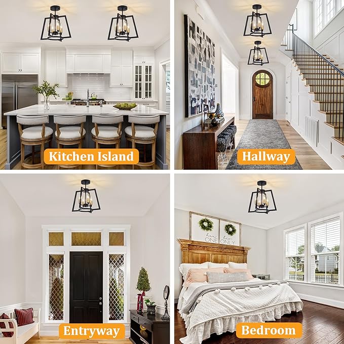 TOULMJ 4-Light Semi Flush Mount Ceiling Light, 14.56" Farmhouse Black Gold Ceiling Light Fixture for Kitchen Island Foyer Hallway Entryway Dining Laundry Room