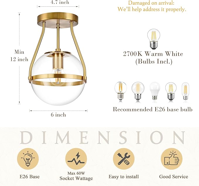 Bagood 6" Globe Semi Flush Mount Ceiling Light Fixture Modern Gold Semi Flush Mount Ceiling Light Mid Century Ceiling Light with Clear Glass Shade Brass Finish for Hallway Bathroom Foyer (Bulb Incl.)