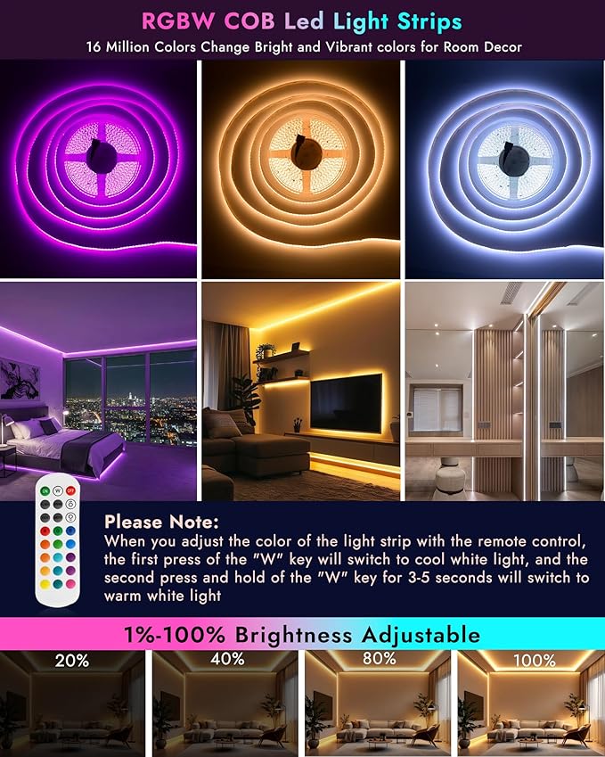RGBW COB Led Light Strip 32.8FT/10M, 12mm Flexible Led Tape Light 6720LEDs, 24V/8A, COB Led Light 3000K/5000K Dimmable, Bright Smart Led Strip Lights for Bedroom, TV Backlight
