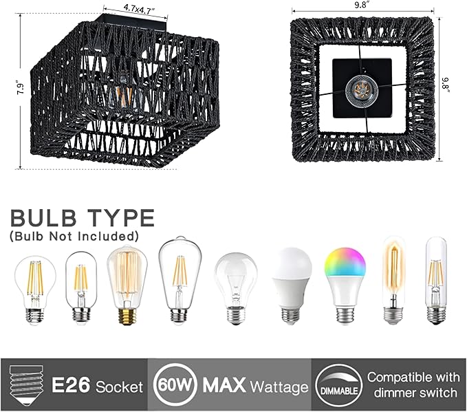 Rattan Ceiling Light, Black Boho Light Fixture, Square Flush Mount Ceiling Light for Bedroom, Hallway, Entryway, Kitchen, Laundry