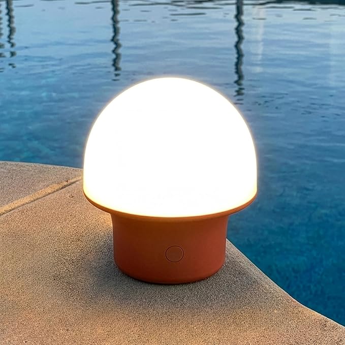 Brightech Portobello Cordless LED Touch Table Lamp - Small Dimmable Outdoor Mushroom Light for Camping & Side Tables - Modern Rechargeable Portable Bedside Light for Desk Bedroom, Nightstand - Red