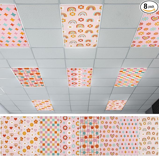 QOUBAI 8 Pcs Fluorescent Light Covers,4 x 2 Ft Magnetic Light Filters Fluorescent Lights Shade Easy Install for Classroom Office Library Hospital Home Ceiling Boho