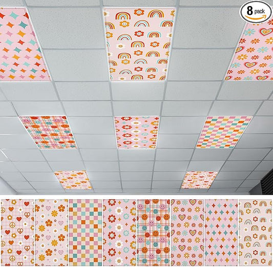 QOUBAI 8 Pcs Fluorescent Light Covers,4 x 2 Ft Magnetic Light Filters Fluorescent Lights Shade Easy Install for Classroom Office Library Hospital Home Ceiling Boho