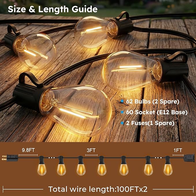 GvvooHome S11 LED Outdoor String Lights 200FT, Shatterproof & Waterproof Patio Lights with 62 Plastic Bulbs for Porch, Deck, Garden, Backyard, Balcony, 2700K Dimmable