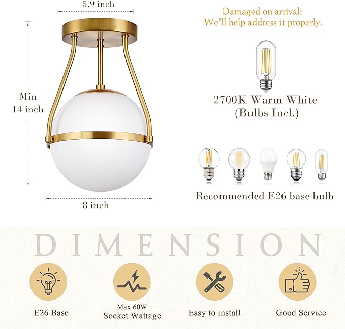 Bagood 8 Inch Mid Century Ceiling Light Modern Semi Flush Mount Ceiling Light Fixture Globe Ceiling Light Fixture with Milk Glass Shade Brass Finish for Kitchen Island Hallway Living Room (Bulb Incl.)