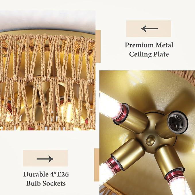 Rattan Light Fixtures Ceiling Mount,4-Lights Boho Flush Mount Ceiling Light with Hand-Woven Shade, 18''Rattan Farmhouse Chandelier for Hallway Bedroom Kitchen Farmhouse Foyer Entryway (Gold)