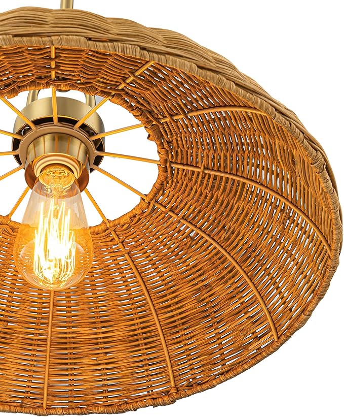 Lingkai 18.1'' Farmhouse Weaving Rattan Chandelier, Coastal Chandelier Hand Woven Rattan Dome Pendant Lighting Fixture Boho Natural Basket Hanging Light for Living Room Kitchen Dining Room