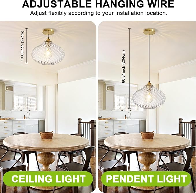 Glass Pendant Lights Kitchen Island, 11'' Brass Gold Pendant Lighting Fixtures, Modern Hanging Ceiling Light with Striped Clear Glass Shade for Farmhouse Dining Room Bedroom Hallway(1 Pack)