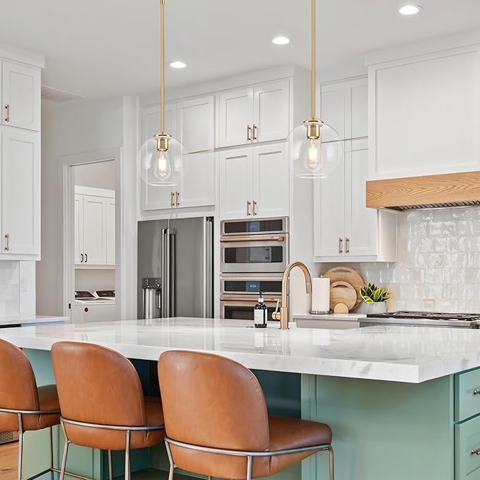 7 Inch Brass 2-Pack Modern Pendant Lights Kitchen Island Mid Century Modern Pendant Light Fixtures with Clear Glass Globe Modern Hanging Pendant Light for Bathroom Bedroom （Bulb Incl）