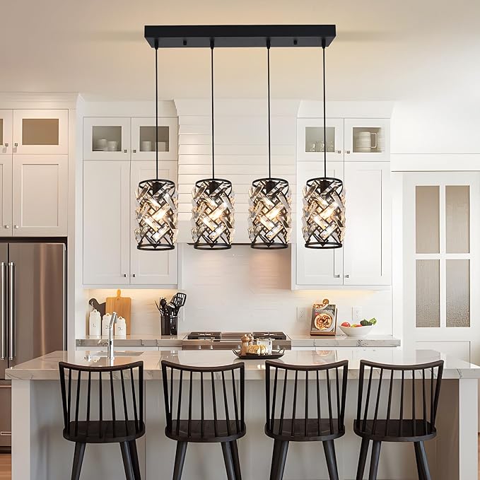 Pendant Lights Kitchen Island, 25.6” Modern Farmhouse Crystal Pendant Lighting, K9 Crystal Chandelier for Dining Room, Entryway & Bar, Adjustable Hanging Light Fixture (E26 Base, Bulbs Not Included)