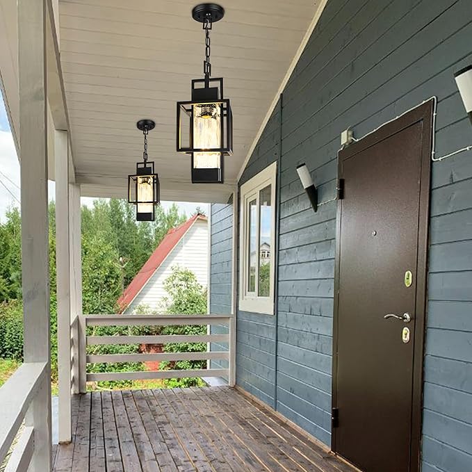PARTPHONER Motion Sensor 15" Outdoor Pendant Light Exterior Hanging Lantern, Modern Black Metal Outside Chandelier Light Fixture Ceiling Mount with Water Glass for Front Porch Entrance Foyer Entryway
