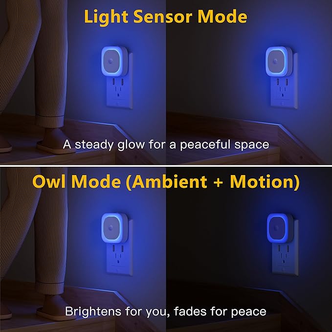 YUNLEX 2 Pack Plug in Night Light with Motion Sensor & Dusk to Dawn Sensor, 3 Sensor Modes, Blue Night Lights Plug into Wall, Dimmable Nightlight for Bathroom, Bedroom, Indoor