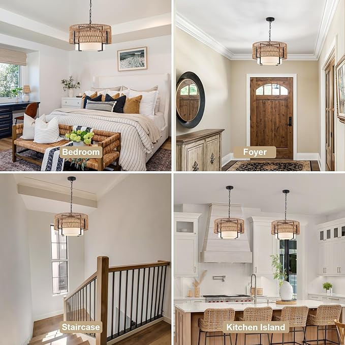 4-Light Boho Rattan Chandelier, 18" Rattan Pendant Light with Fabric Shade, Farmhouse Boho Hanging Chandelier for Dining Room, Living Room, Kitchen Island, Bedroom, Hallway, Foyer