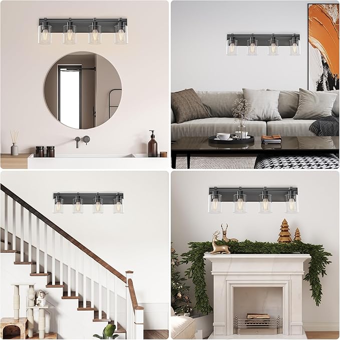 Espird Bathroom Vanity Light,4 Light Matte Black Light Fixture with Thickened Clear Glass Shade, 30 inch Modern Wall Sconce, Bathrooms Vanity Light Over Mirror for Bathroom