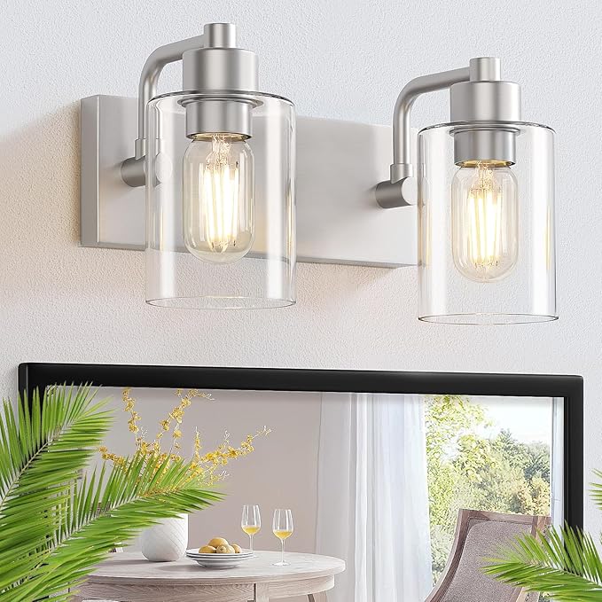 Dpyrrhic Brushed Nickel Bathroom Light Fixtures, Wall Mounted 2-Light Bathroom Lights Over Mirror with Clear Glass Shade,Wall Sconces for Kitchen Living Room Bedroom