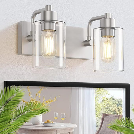 Dpyrrhic Brushed Nickel Bathroom Light Fixtures, Wall Mounted 2-Light Bathroom Lights Over Mirror with Clear Glass Shade,Wall Sconces for Kitchen Living Room Bedroom