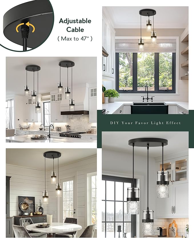 LMS Black 3-Light Pendant Fixtures, Adjustable Kitchen Hanging Light Fixture, Cluster Pendant Lights, LMS-188