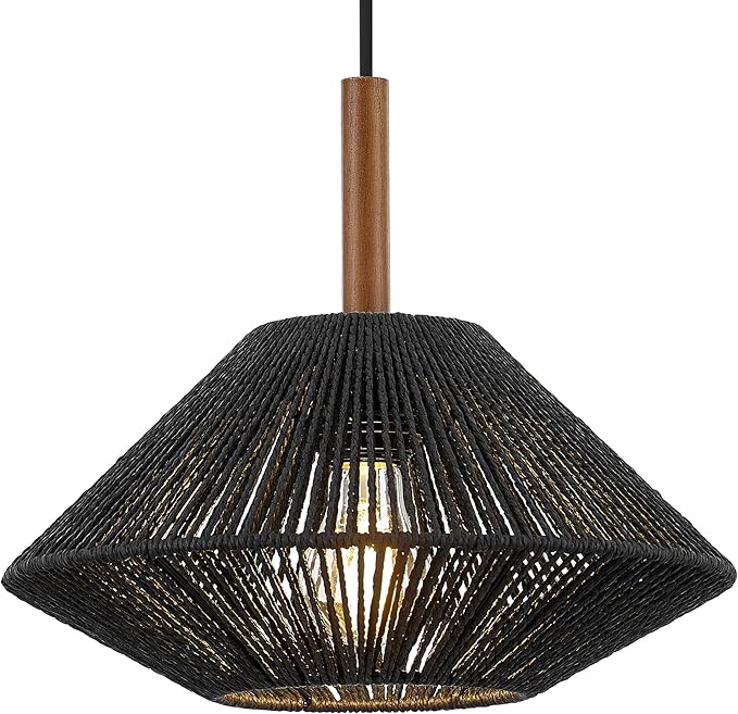 ELYONA 12.6" Modern Pendant Light Fixtures, Black Woven Pendant Light with Solid Ash Wood, Hanging Light for Kitchen Island, Farmhouse Boho Rattan Ceiling Light for Dining Room Bedroom Living Room
