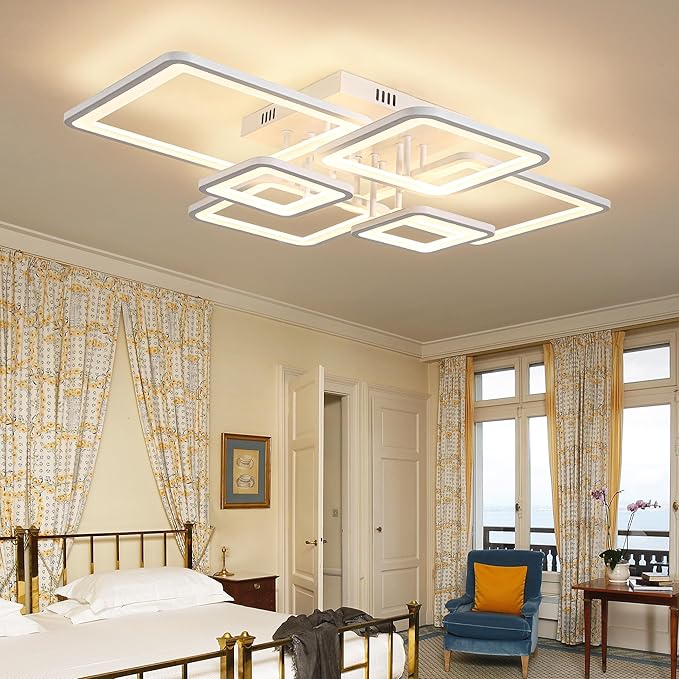 Shine LUEST Modern LED Ceiling Lights for Bedroom Dimmable Modern 6 Ring Square Ceiling Lights for Living Room with Remote Control White Bedroom Ceiling Lamp Fixures for Kitchen,Bathroom,Balcony