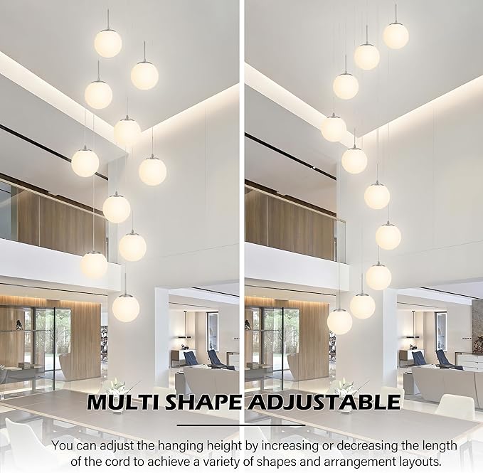 KoKo&Yukina 10 Light Globe Pendant Light Adjustable Hanging Light Staircase Chandelier Milk Glass Pendant Lights with Milky White Glass Shade Globe Lights for Staircase