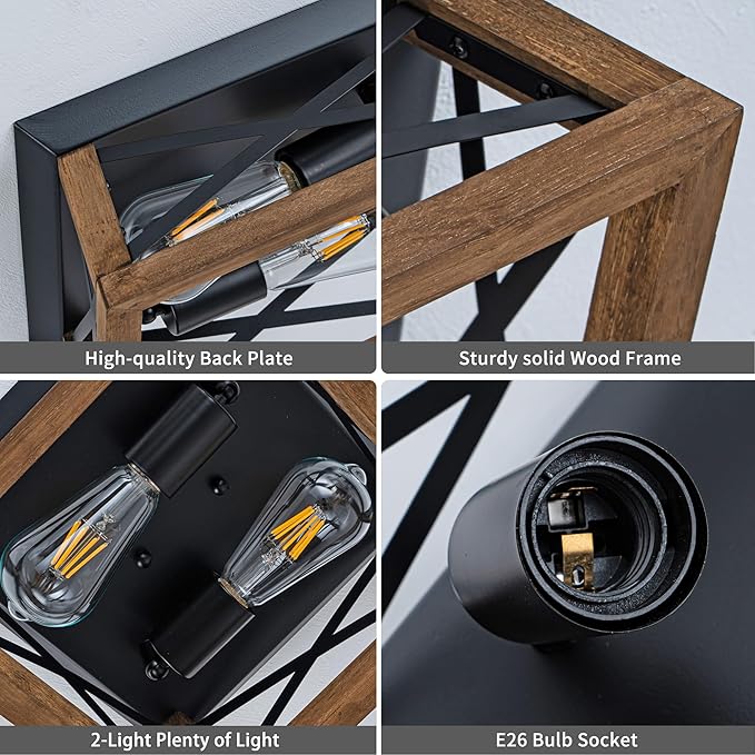 2-Light Farmhouse Light Fixture, Rustic Ceiling Light with Wood and Metal Design, Wood Ceiling Light for Kitchen, Hallway, Entryway, Cabinet, Living Room