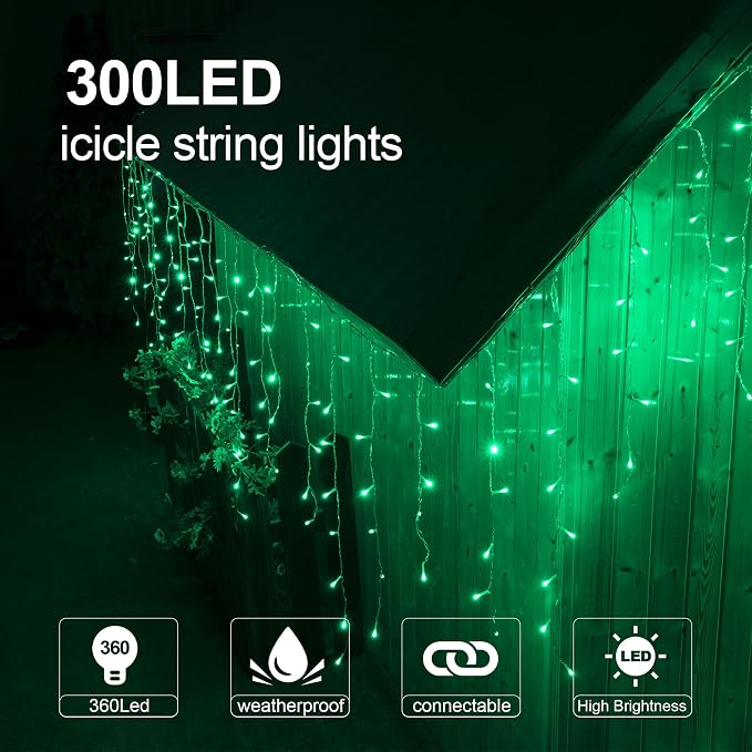 300LED Icicle Lights for Outside,Green Curtain Lights for St Patrick Day,8 Modes with 30V Plug in for Wedding, Party,Bedroom,Home,Garden,Outdoor,Indoor Wall,Christmas Decorations,Connectable