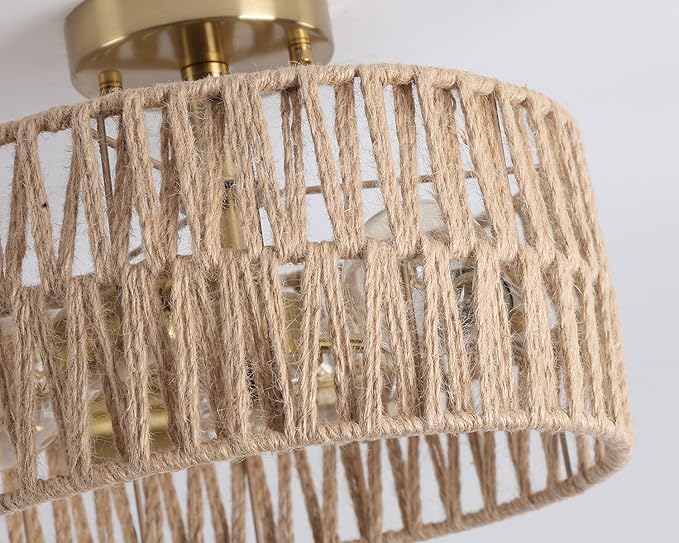 3-Light Antique Gold Woven Flush Mount Light Fixture Rustic Coastal Hemp Rope Brass Semi Flush Mount Ceiling Light for Hallway Bedroom Kitchen Entryway Farmhouse Living Room