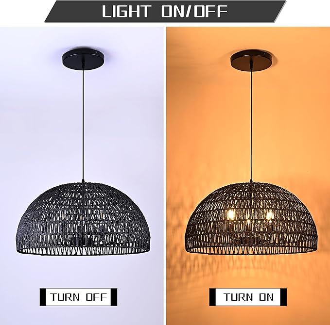 24" Black Woven Pendant Light Boho Chandelier Dome Rustic Farmhouse Chandelier Wicker Pendant Light Rattan Light Fixture for Dining Room Living Room Bedroom Kitchen Island Foyer(Bulb Incl)