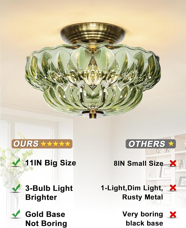 Semi Flush Mount Ceiling Light,11IN Vintage Gold Hallway Lights Fixture,3-Bulb Globe Green Glass Close to Ceiling Light for Bathroom, Hallway, Dining Room,Bulb Not Included