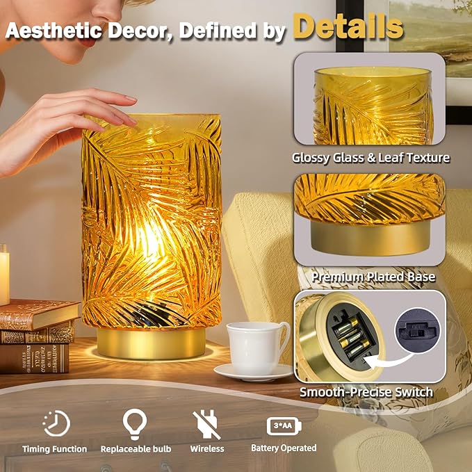 Battery Operated Table Lamp, Cordless Lamps for Home Decor, Battery Powered Nightlight with LED Bulb with Timer, Decorative Lights for Living Room Bedroom Tabletop Entryway Centerpiece Gift (L Yellow)