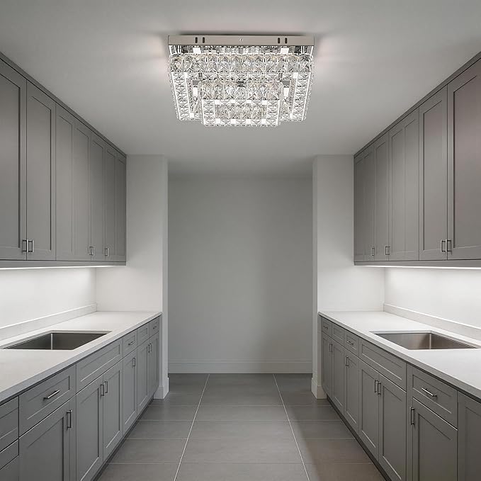 Finktonglan Modern 2-Tier Crystal Flush Mount Ceiling Light, 11.8" Rectangular LED Ceiling Fixture with Multi-Faceted Crystal Prisms, Cool White, 24W Low Profile for Kitchen Dining Hallway