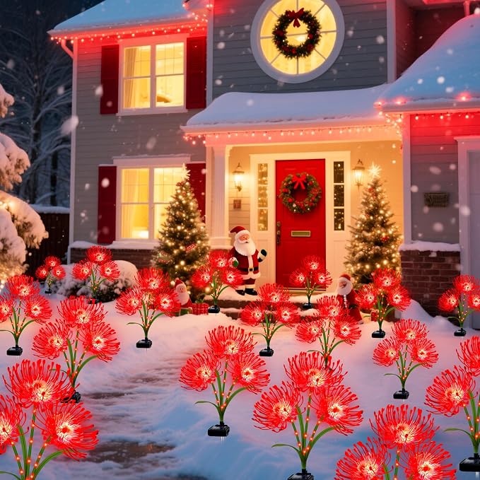 Solar Garden Flower Lights Outdoor, 4 Pack Red Spider Lily with Glowing Stems, Waterproof LED Yard Lawn Pathway Decor, Elegant Patio Garden Decoration, for Mom, Grandma, Women