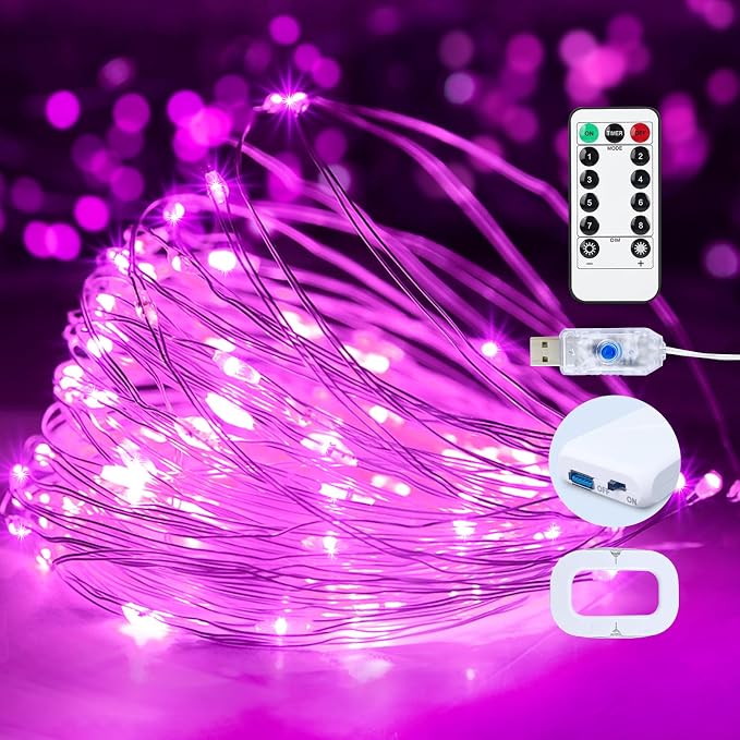 2Pack USB Plug in Fairy String Lights,16ft 50 LED Copper with Remote and Timer, 8 Modes Waterproof Twinkle String Lights for Bedroom Indoor Party Wedding Christmas Decoration (Pink)