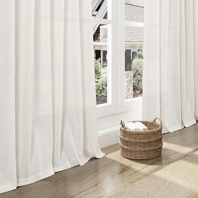 Beige White Linen Curtains 100 Inch Long for Bedroom Back Tab Filters Light Ensures Privacy Transparent Beige White Curtains Modern Farmhouse Coastal Decor Living Room Cotton Textured