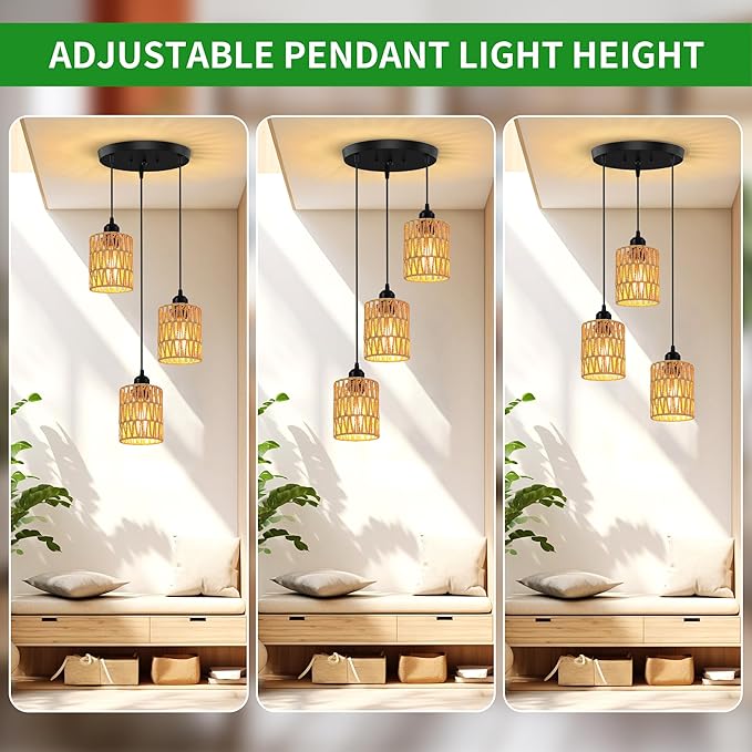 3 Light Pendant Lighting, Farmhouse Hanging Light Fixture for Kitchen Island & Dining Room, Industrial Vintage Ceiling Lamp with E26 Base, Adjustable Height, Rattan Pendant Light