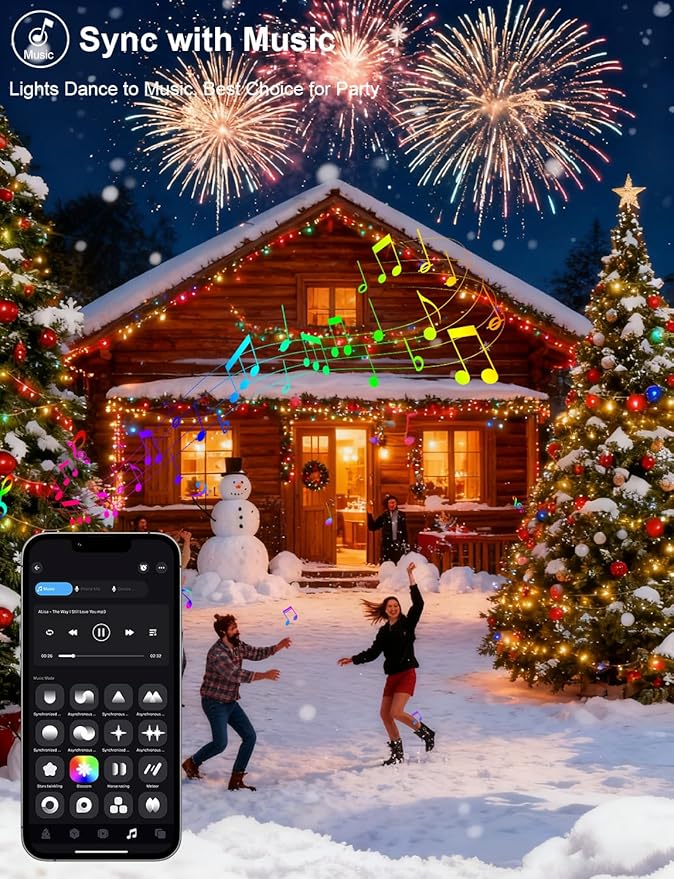 echosari Smart Christmas String Lights, 200 LED 66Ft Color Changing Fairy Light with App, Music Sync RGB Built in Chip for Bedroom Party Tree Decor (Clear Wire)